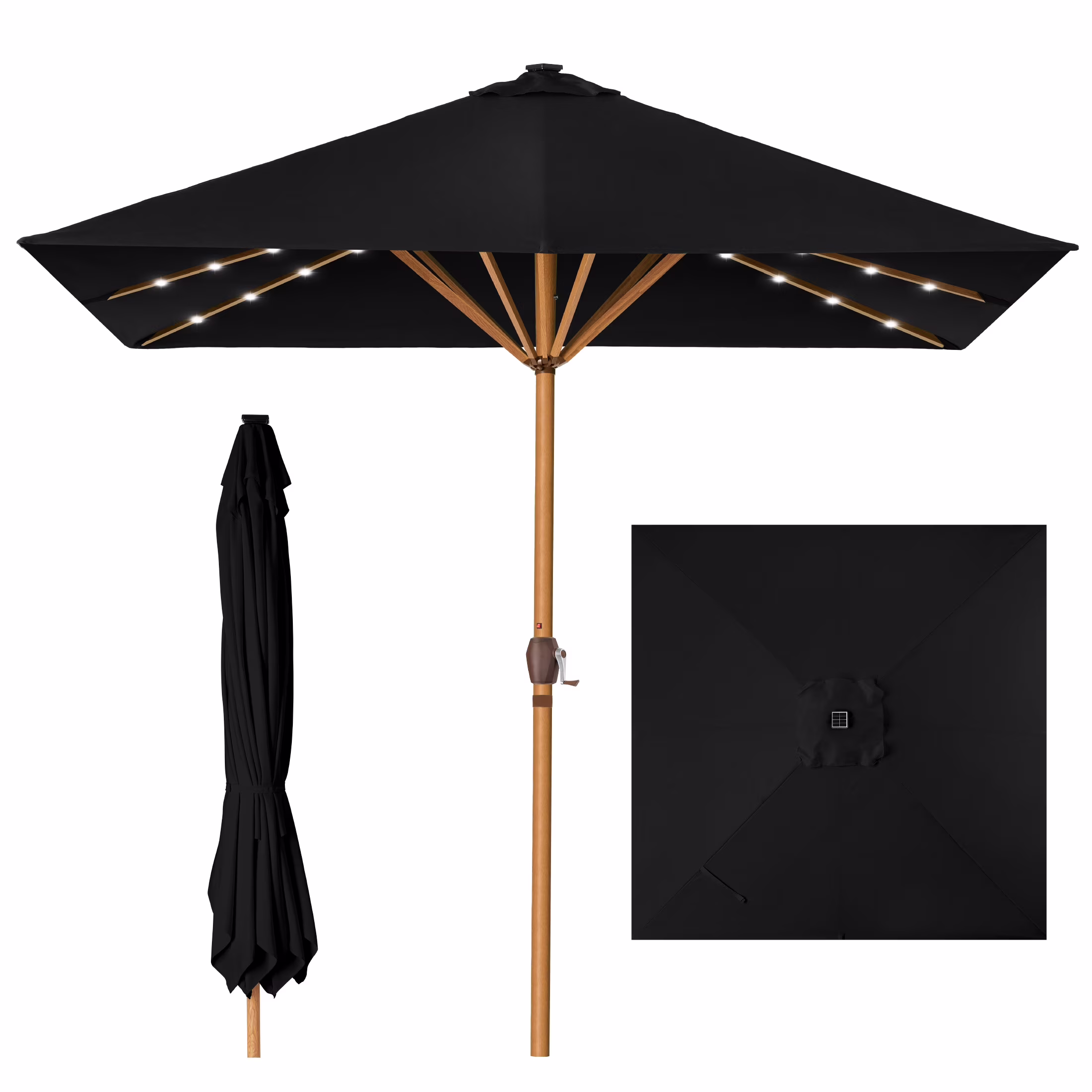 Best Choice Products 9ft Deep Square Solar LED Lighted Patio Umbrella w/ Woodgrain Pattern, UV-Resistant - Black