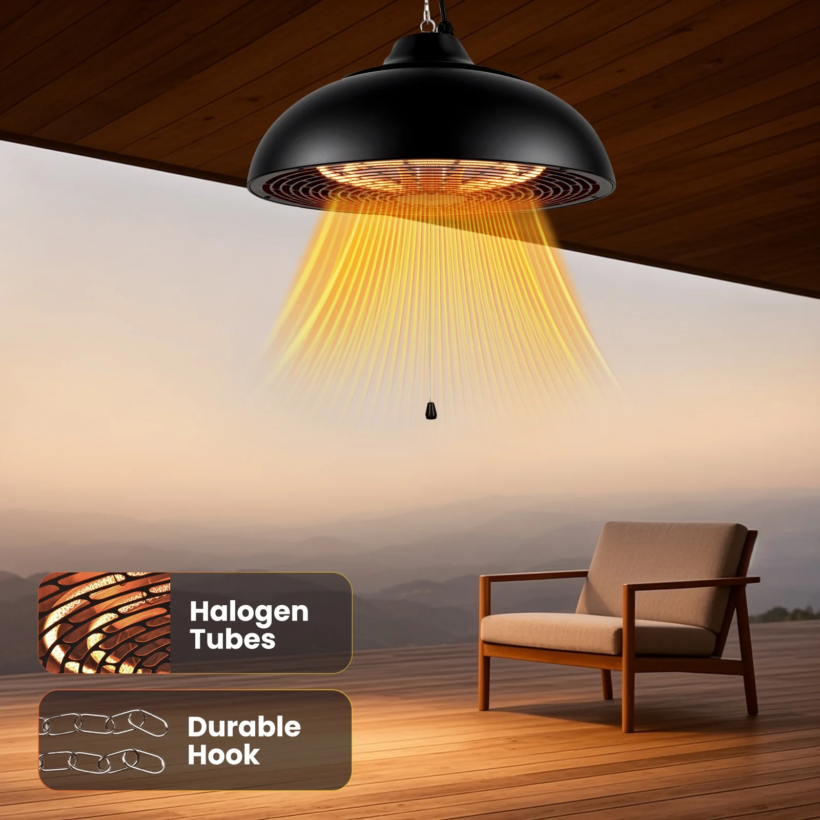 Advwin Outdoor Patio Heater,1500W Electric Hanging Patio Heater 3S Fast Heating,Ceiling Mounted Heater for Balcony,Courtyard, Garage,Overheat & Tip-Over Protection 3 Adjustable Modes,IP55 Waterproof
