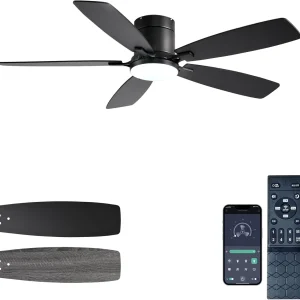 42 Inch Low Profile Ceiling Fans with Lights and Remote, Flush Mount Modern Ceiling Fan, 3 CC T DC Ceiling Fan for Bedroom, Living Room, Brushed Nickel