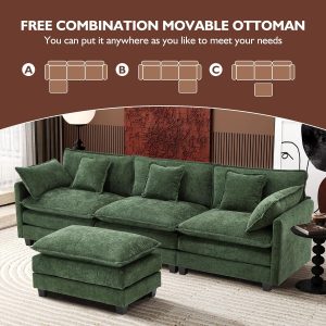 Ihanherry 146" U-Shaped Modern Sofa Modular Sectional Cloud Couch with 2 Ottoman, 6-Seat Chenille Deep Seat Sofa with 6 Pillows for Living Room, Bedroom and Apartment, Grey