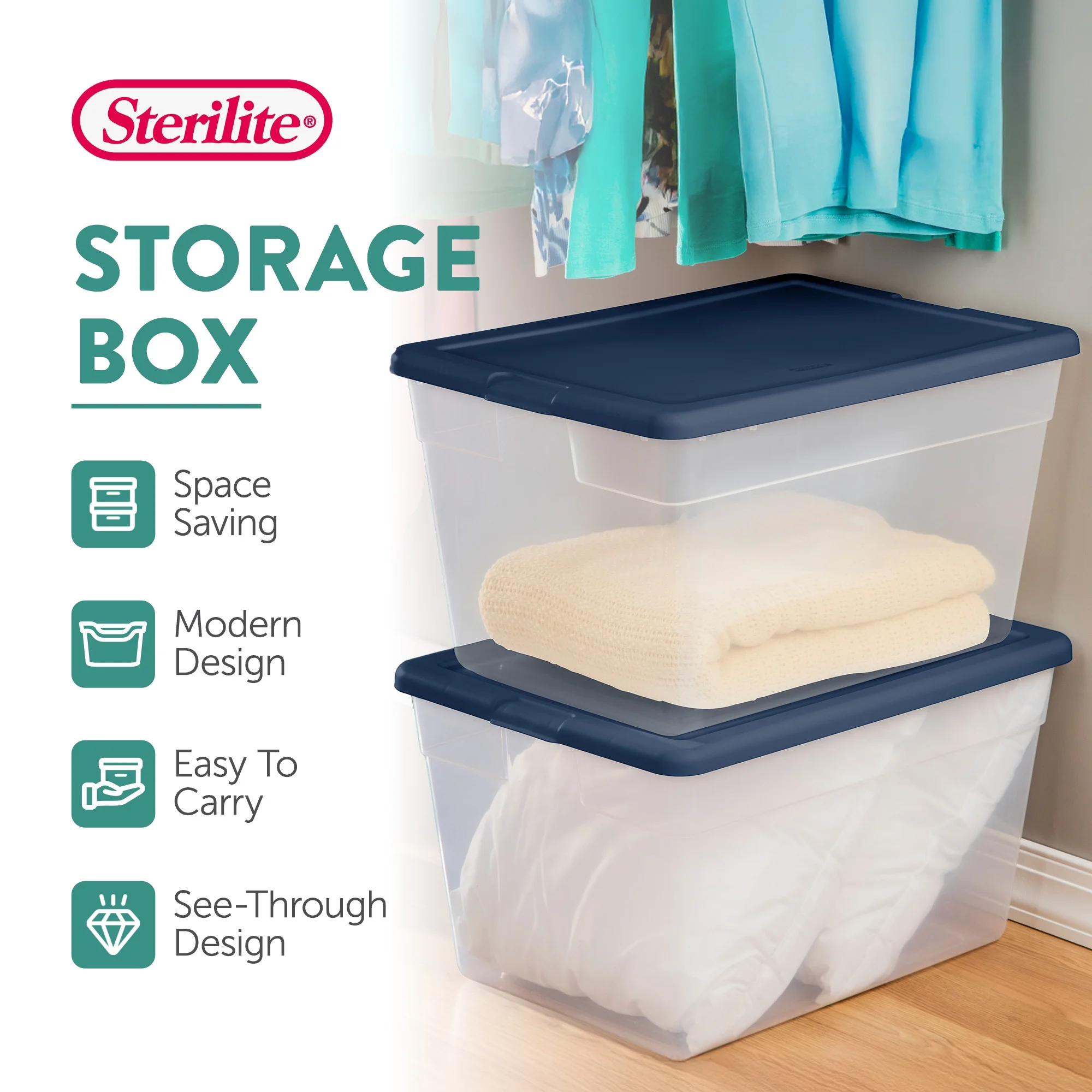 Sterilite 24 Pk Storage Tote Container, 56 Qt, Clear, Mindful Mint Lid