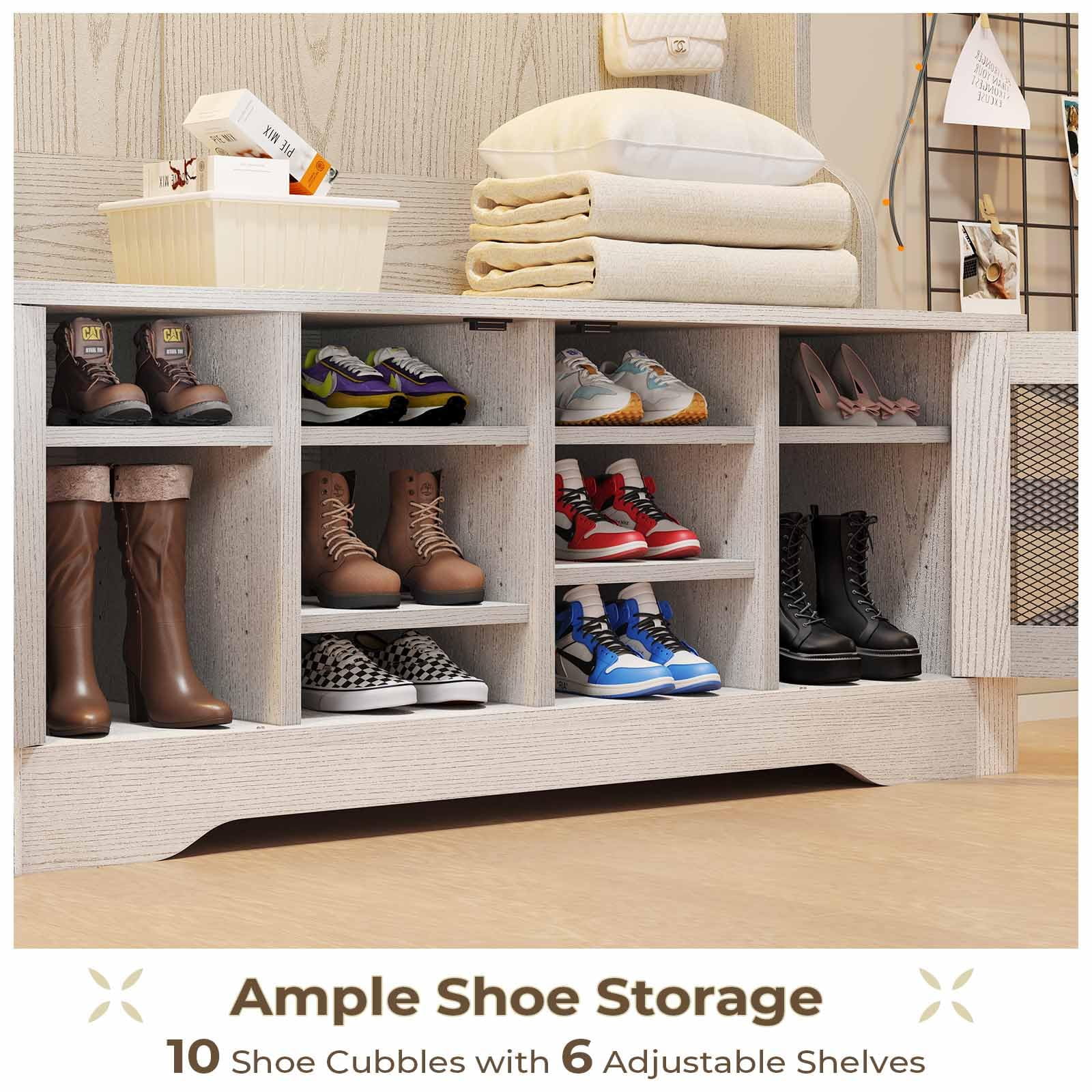 5-in-1 Entryway Bench with Coat Rack, Hall Tree with Bench and Shoe Storage, Rustic Brown