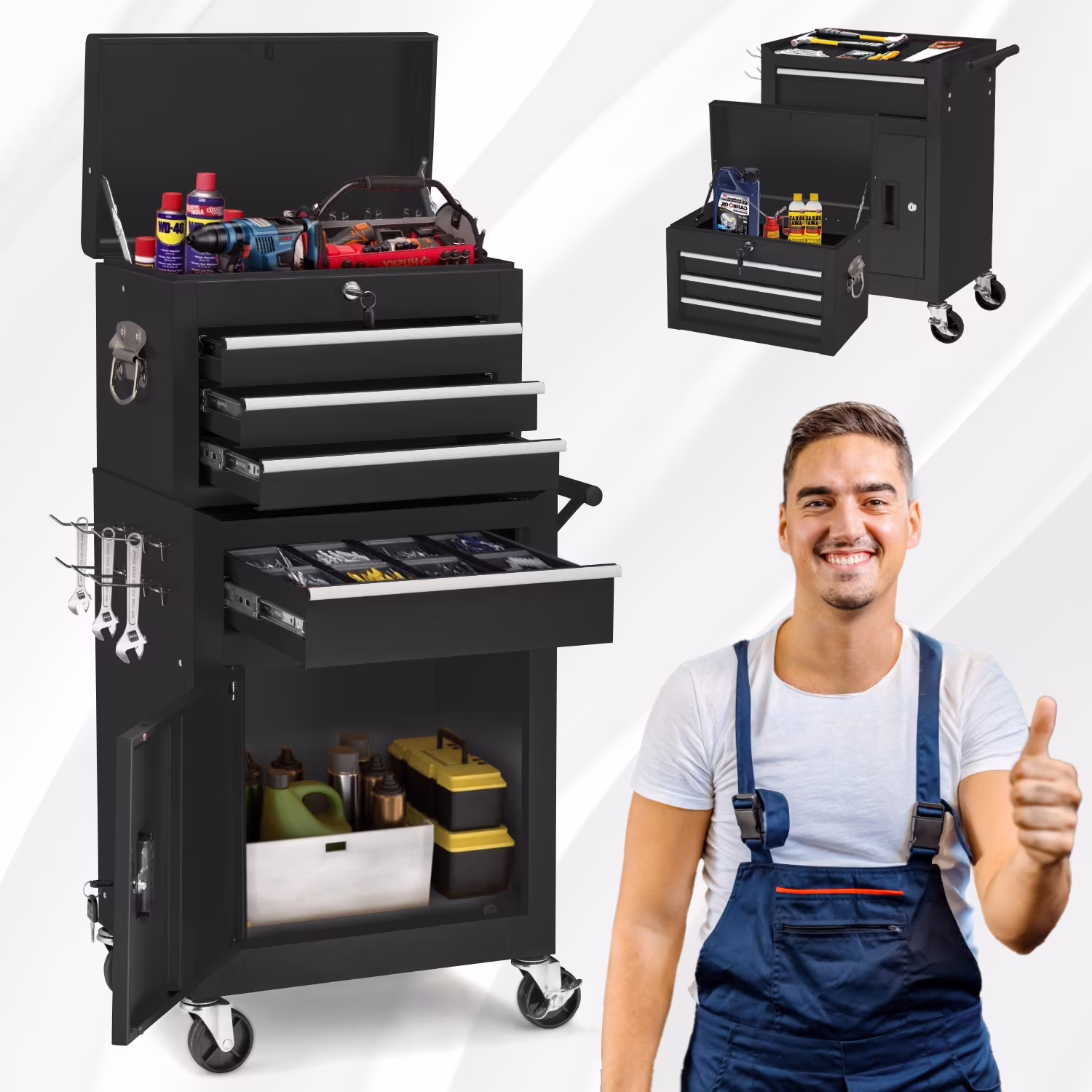 AECOJOY 8-Drawer Rolling Tool Chest, Large Tool Cabinet with Universal Lockable Wheels, Detachable Toolbox Storage for Garage, Repair Shop, Workshop, Black