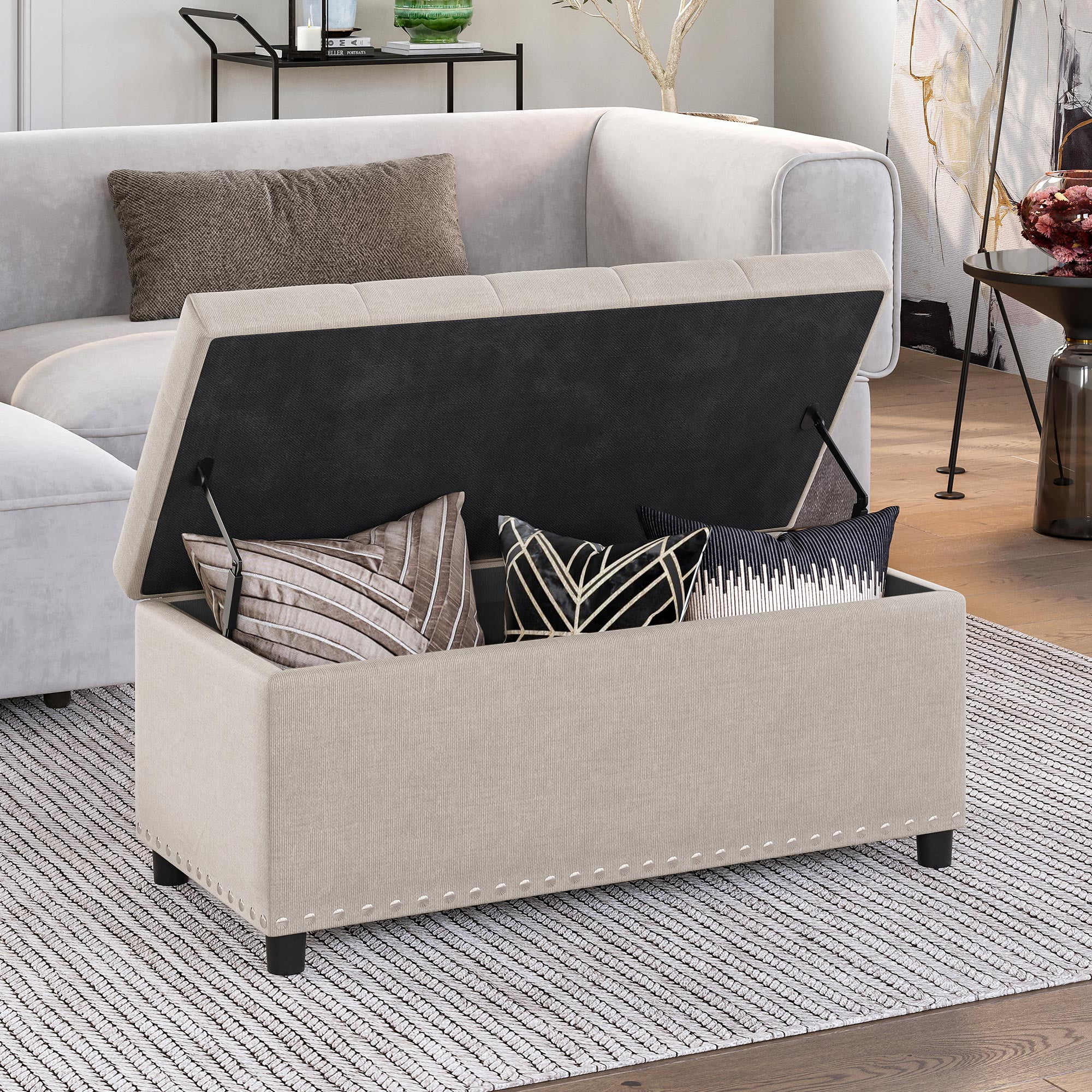 BELLEZE 35 Inch Storage Ottoman, Button-Tufted Ottoman Linen Storage Bench with Safety Close Hinge, Ottoman with Storage for Living Room, Entryway, Hallway, Foot Rest, Support 300lbs - Dark Grey