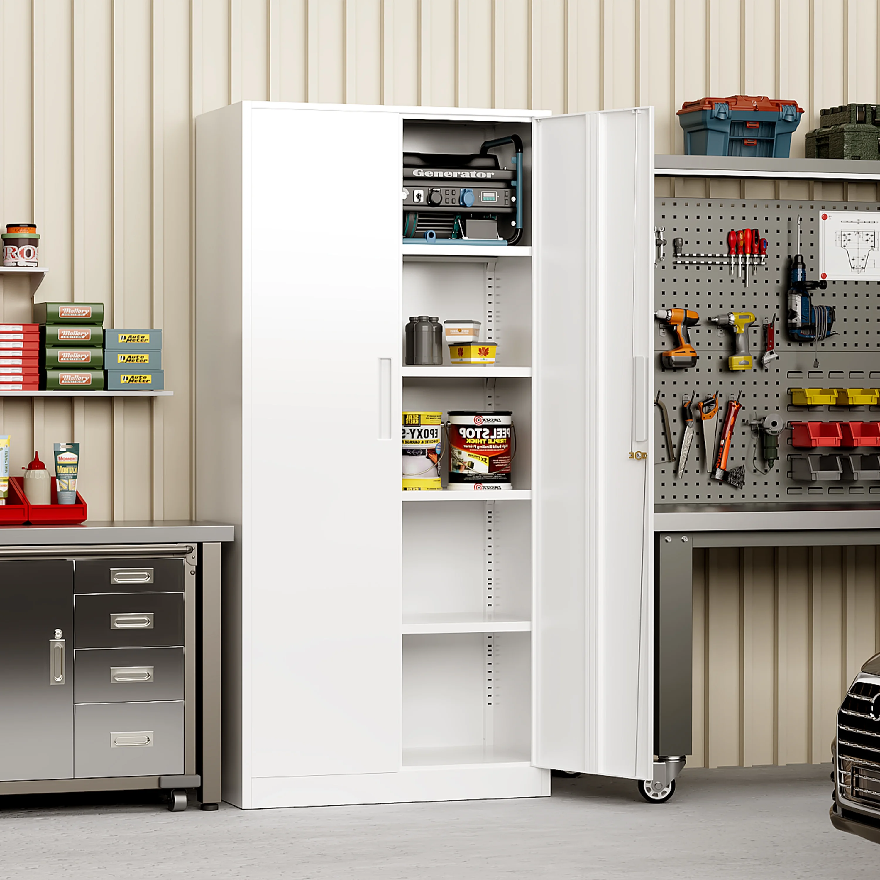 SUNCROWN 71 In Metal Storage Garage Cabinets with Locking Doors and Adjustable Shelves, Steel Storage Cabinet for Garage, Office, Classroom, Assemble Required(Black)