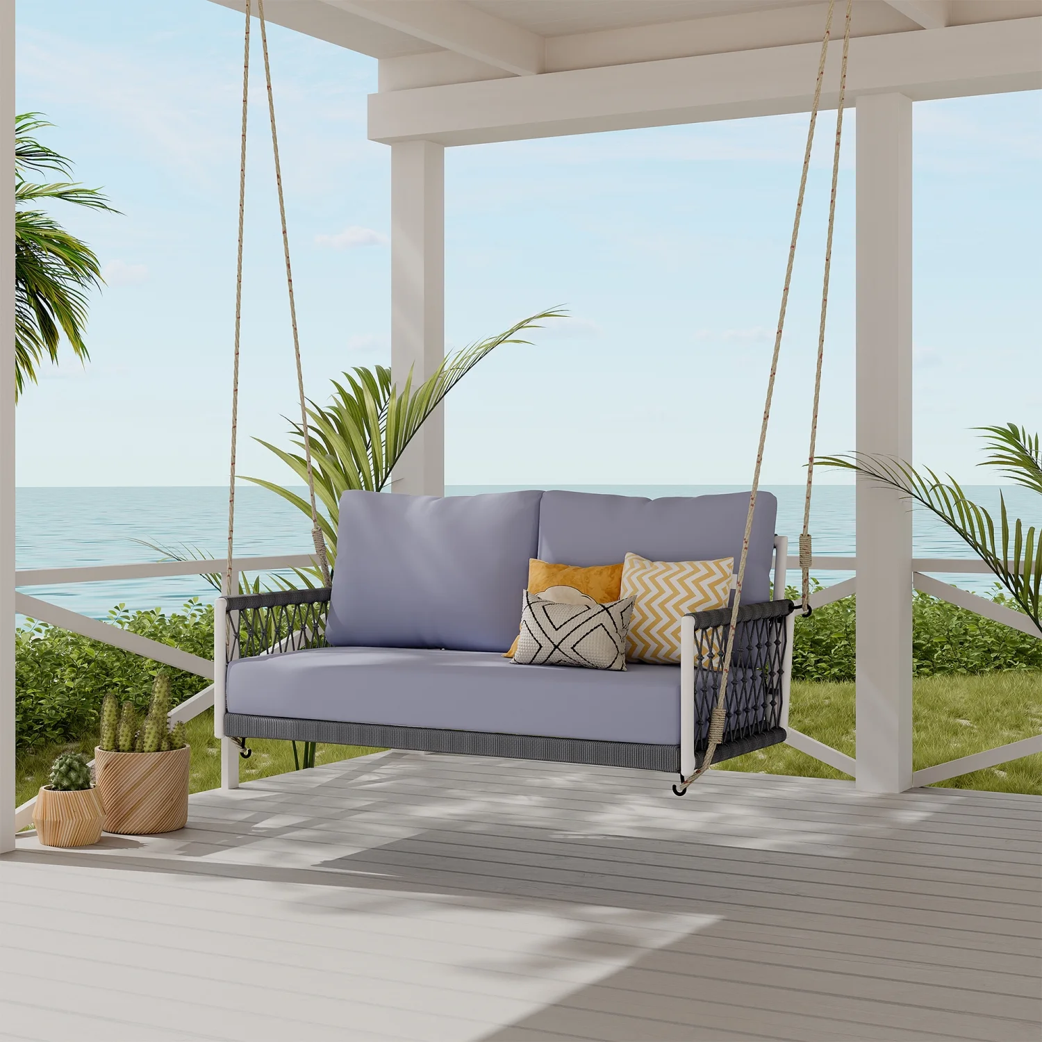 Harper & Bright Designs PE Ratten Porch Swing Chair, 2-Seater Hanging Swing Bench with Chains, All Weather Design Patio Furniture Swing for Backyard Garden Poolside, Grey and White