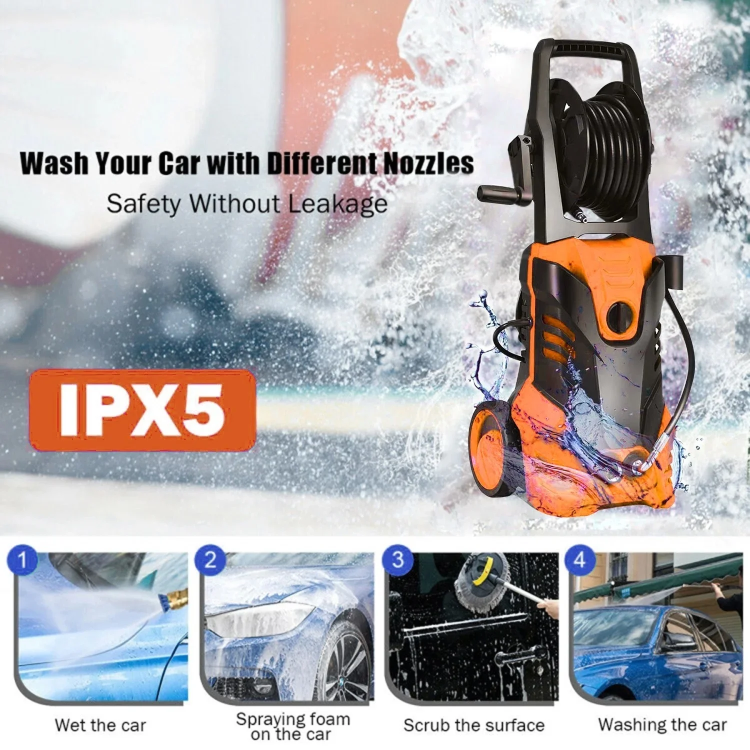 Electric Pressure Washer, 3800PSI 2.6 GPM Power Washer Machine with Hose Reel,4 Quick Connect Nozzles, Foam Cannon, for Cars, Patios, and Floor Cleaning,Orange