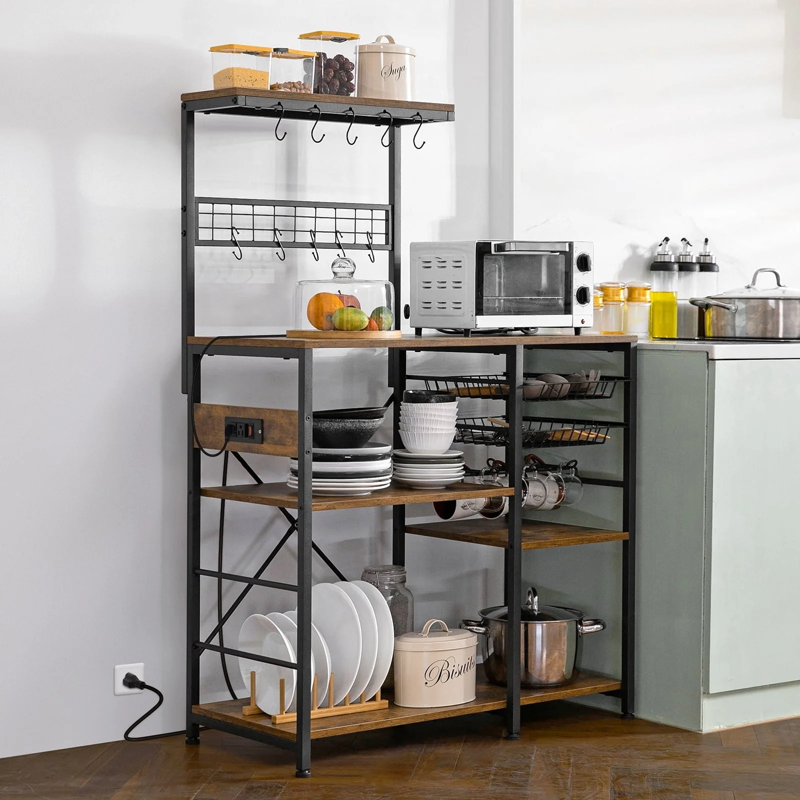 Dinaza Bakers Rack with Power Outlet 4/5 Tier Microwave Stand with Kitchen Storage Shelf Rack Mug Holder 10 S-Shaped Hooks for Kitchen Living Room Coffee Bar Station