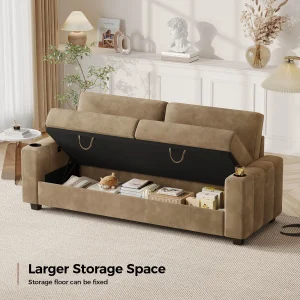 87-Large Loveseat Sofa, 3 Seater Couch with Storage, Velvet Fabric Deep Seat Sofa with Pillow& Cup Holders, Modern Comfy Sofa with USB& Type-C Ports, Home Sofa Couch for Living Room Bedroom