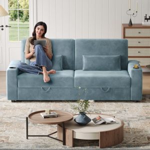 87-Large Loveseat Sofa, 3 Seater Couch with Storage, Velvet Fabric Deep Seat Sofa with Pillow& Cup Holders, Modern Comfy Sofa with USB& Type-C Ports, Home Sofa Couch for Living Room Bedroom