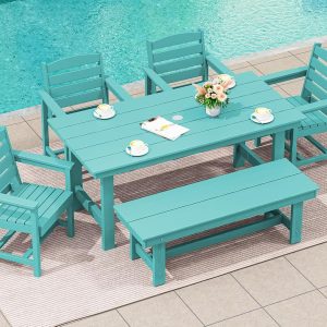 SERWALL 7-Piece Patio Table Set, Outdoor HDPE Dining Furniture with Umbrella Hole, All Weather Table and Chairs for Lawn, Garden, Poolside, Aruba