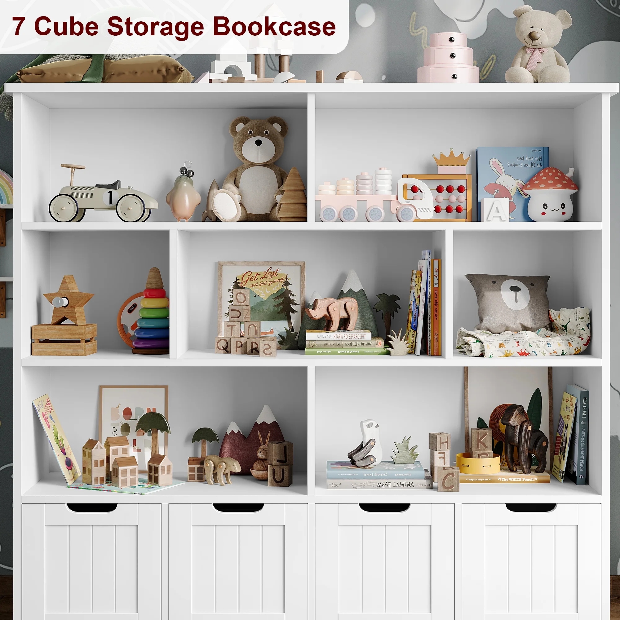 Homfa 7 Cube Toy Storage Organizer, Kids Geometric Bookcase and Bookshelf with 4 Drawers, White