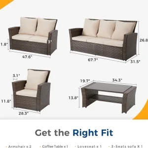 Wisteria Lane 4 Piece Outdoor Patio Furniture Sets, Wicker Conversation Set for Porch Deck, Grey Rattan Sofa Chair with Cushion Blue