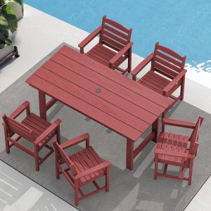 SERWALL 7-Piece Patio Table Set, Outdoor HDPE Dining Furniture with Umbrella Hole, All Weather Table and Chairs for Lawn, Garden, Poolside, Aruba