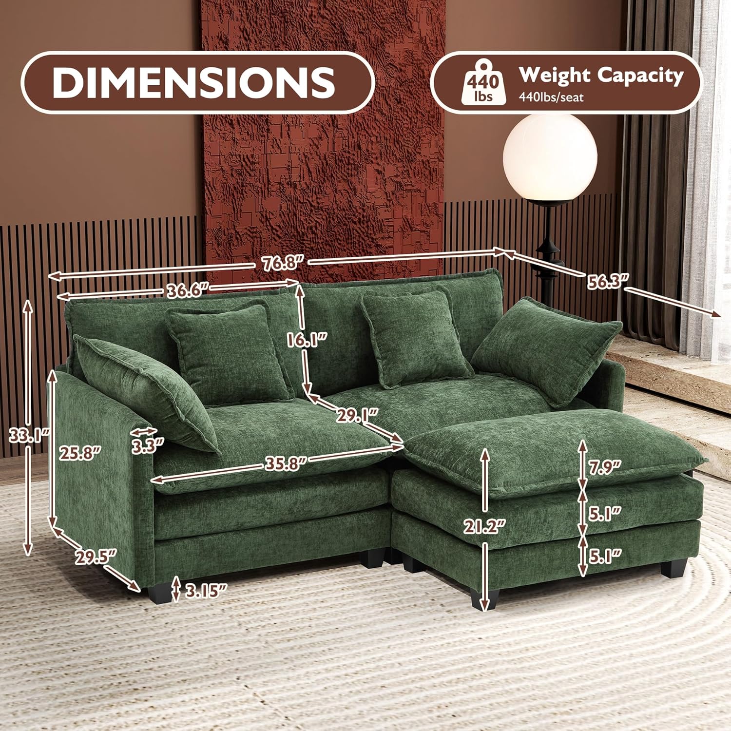 Ihanherry 146" U-Shaped Modern Sofa Modular Sectional Cloud Couch with 2 Ottoman, 6-Seat Chenille Deep Seat Sofa with 6 Pillows for Living Room, Bedroom and Apartment, Grey