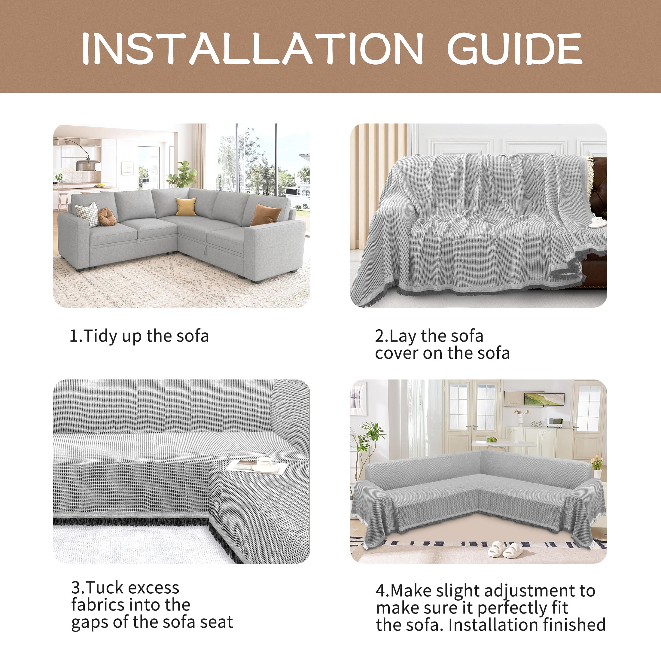 HDCAXKJ Washable L Shape Sofa Covers Reversible Sectional Couch Covers Corner Sofa Slipcovers Blankets Sofa Cover for Living Room Home Decor,91"x252",Gray