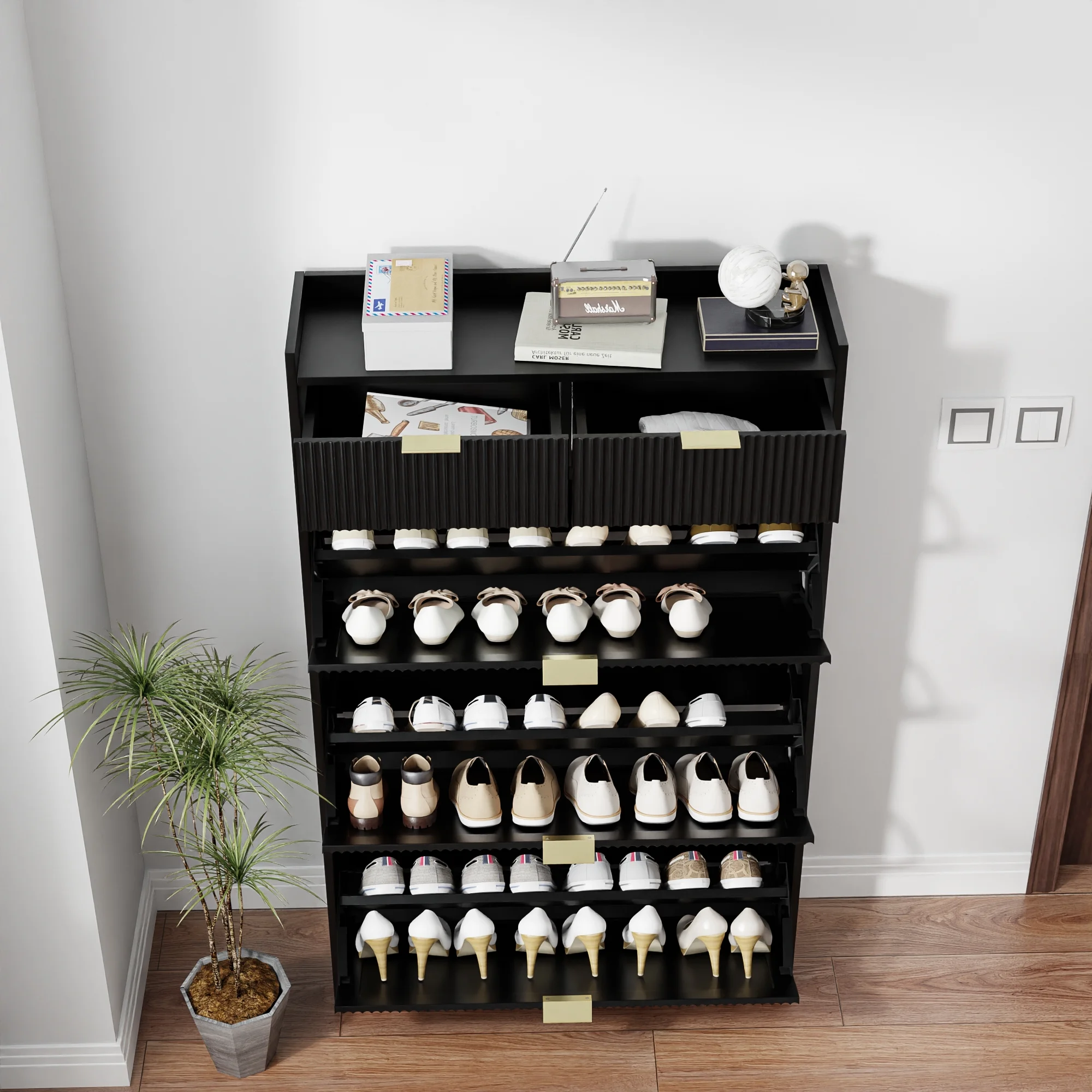 Shoe Cabinet, Free Standing Tipping Bucket Shoe Rack Organizer with 3 Flip Drawers, Modern Entryway Narrow Shoe Rack with 2 Drawers & Top Storage, for Hallway Bedroom, Walnut