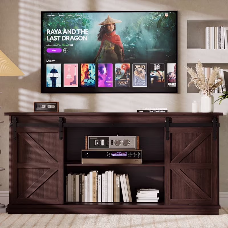 Furmax 65 inch TV Stand Entertainment Center with Sliding Barn Doors and Storage,White