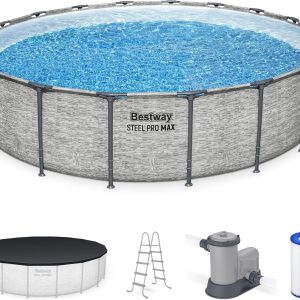 Steel Pro MAX 14 Foot x 48 Inch Round Metal Frame Above Ground Outdoor Swimming Pool Set with 1,000 Filter Pump, Ladder, and Cover, Gray