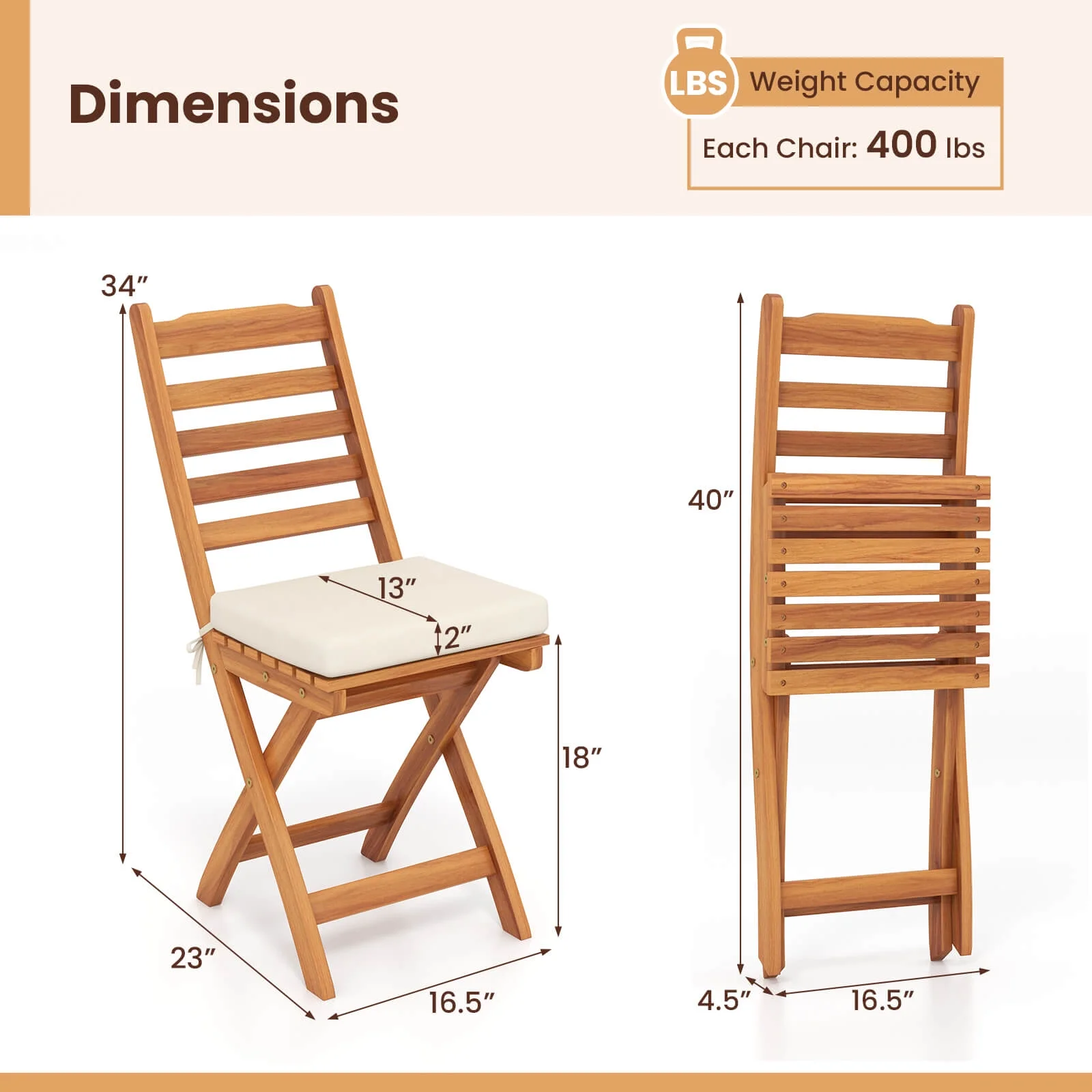 Costway Folding Patio Chairs Set of 2 with Slatted Backrests and Soft Seat Cushions