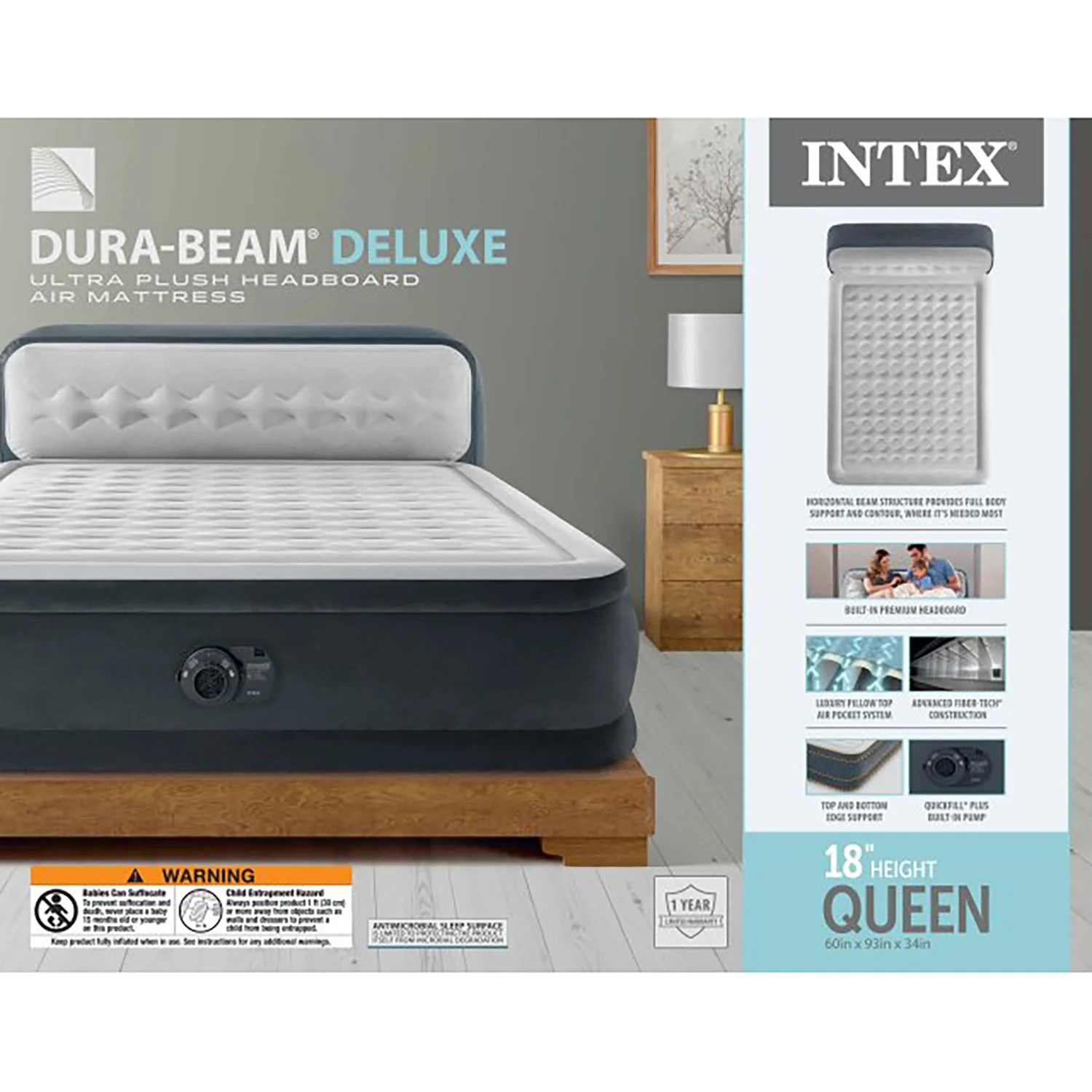 Intex: Dura-Beam Deluxe: Ultra Plush Headboard Airbed - Queen - Gray, 18" Inflatable Mattress, Built-In Pump, Fiber-Tech, Carry Bag, 600lb Cap 64447ED