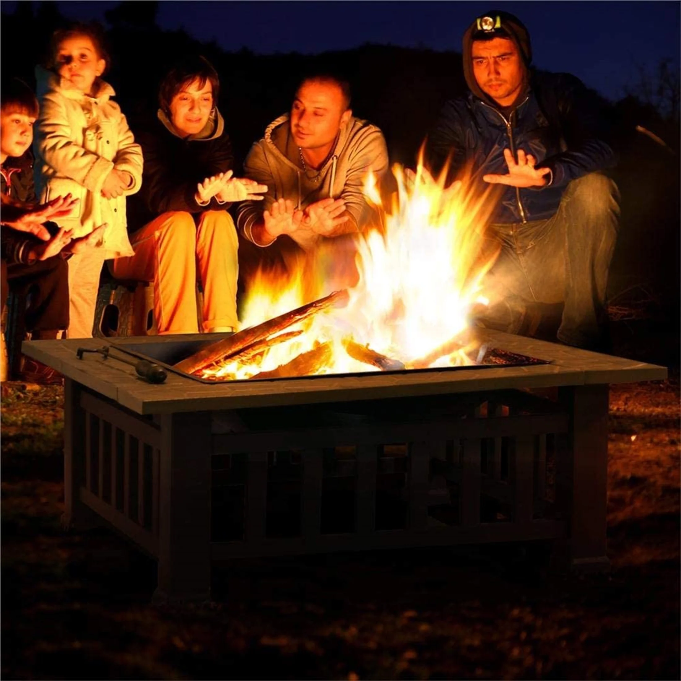 Fire Pits for Outside, UHOMEPRO 32" Square Iron Fire Pit Backyard Patio Garden Stove Wood Burning Fire Pit w/ BBQ Net, Waterprrof Cover, Mesh Screen Lid, Wood Grate, Poker, Durable Fire Pit