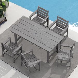 SERWALL 7-Piece Patio Table Set, Outdoor HDPE Dining Furniture with Umbrella Hole, All Weather Table and Chairs for Lawn, Garden, Poolside, Aruba