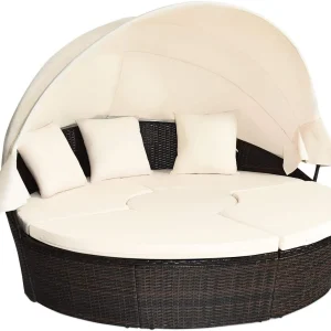 Outdoor daybed, rattan round daybed with sunshade canopy, patio set with cushions and adjustable coffee table, rattan patio furniture, suitable for backyard terraces, porches, and poolside (green color)
