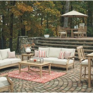 Signature Design by Ashley Clare View Coastal Outdoor Patio Eucalyptus Sofa with Cushions, Beige