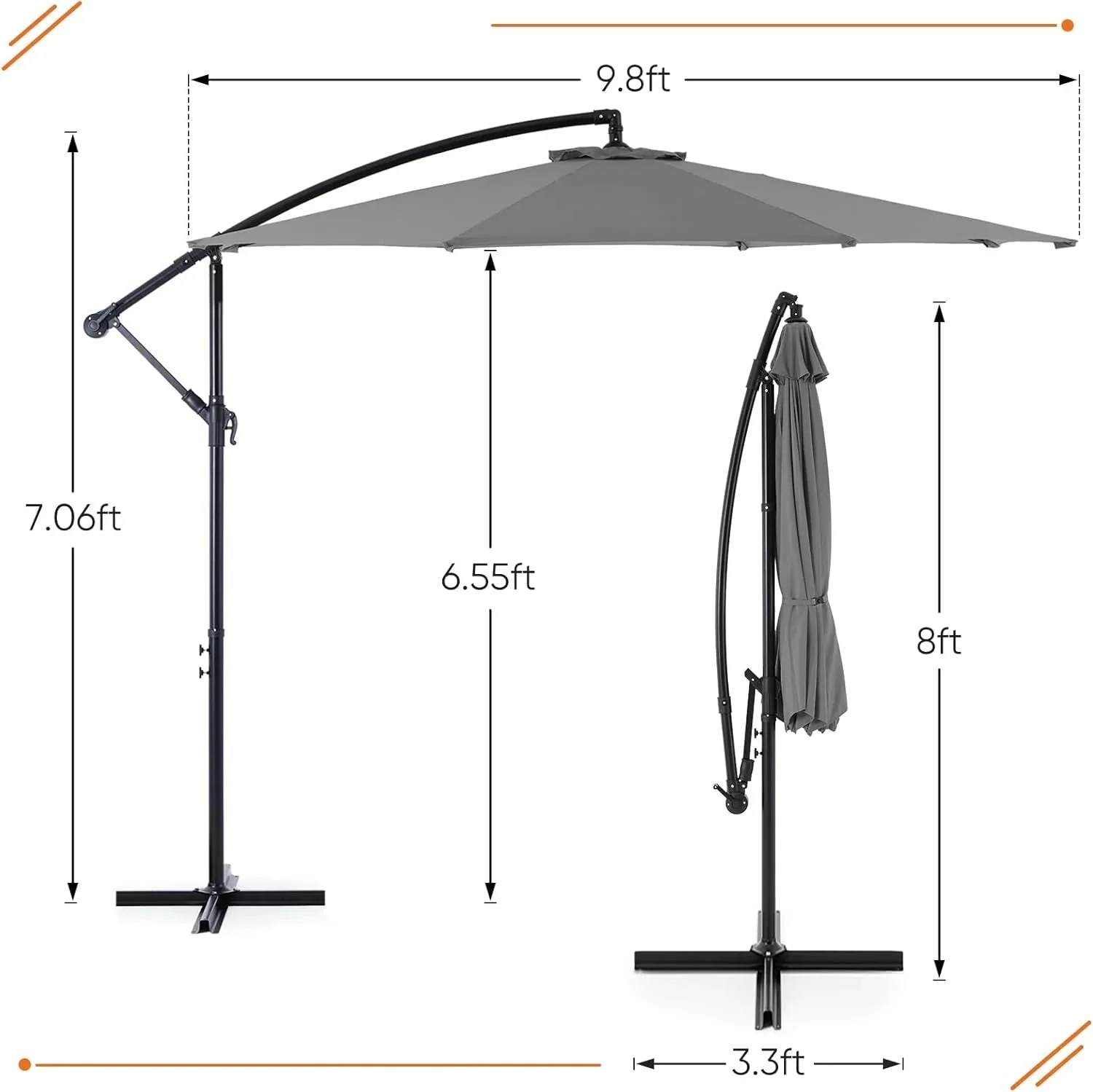 9.8FT Offset Patio Umbrella Hanging Cantilever Umbrella Outdoor Sun Shade with Easy Tilt Adjustment, 8 Ribs, UV Protection for Backyard, Lawn, Garden and Pool, Blue