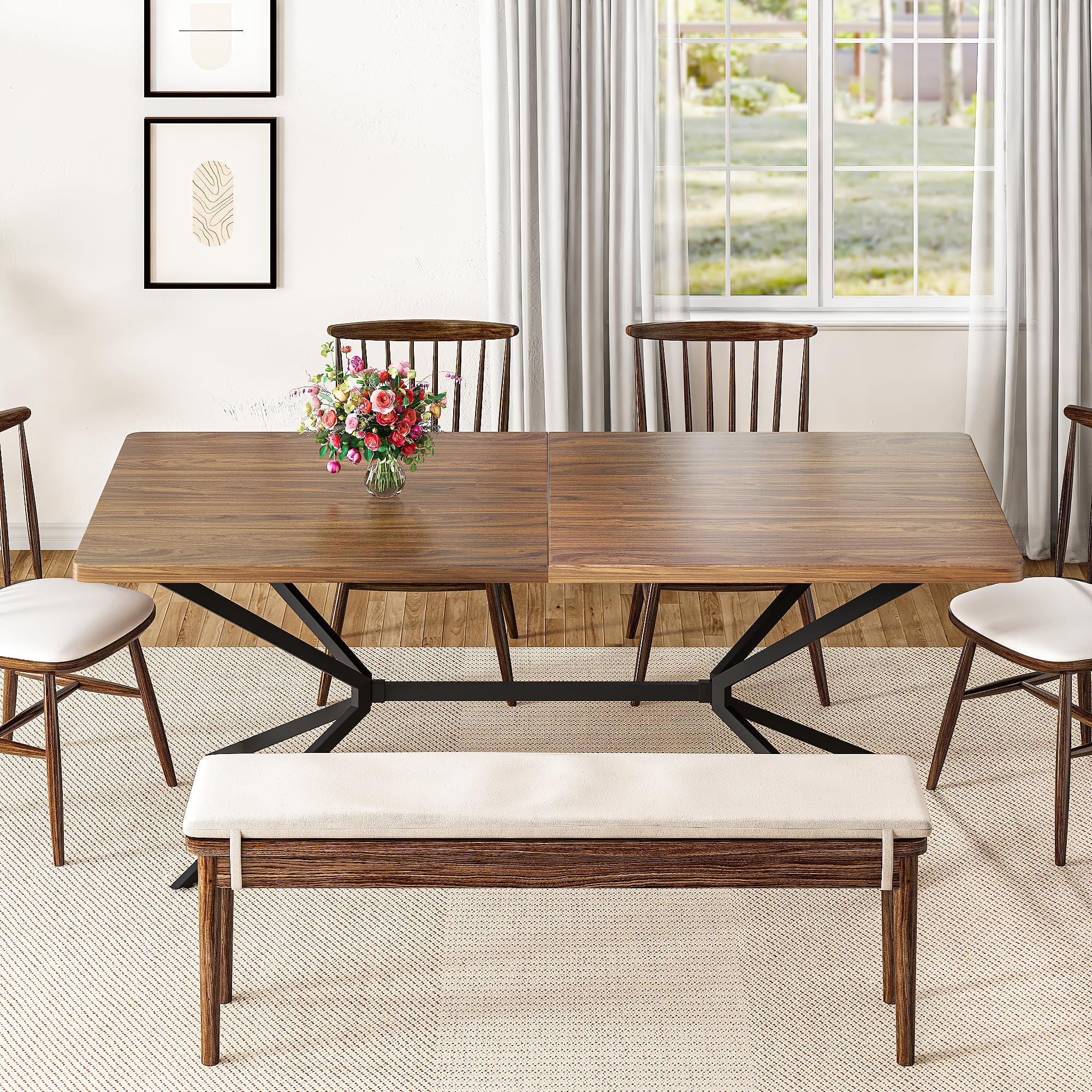 Baxluxe Mid Century Modern Dining Table 70.8 Inch, 6-8 Person Rectangular Kitchen Table with X-Shaped Metal Legs, Wooden Surface Coffee Tables for Living Room, Dining Room, Breakfast Nook, Brown