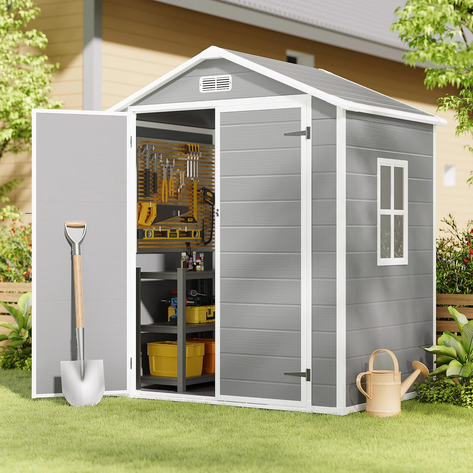Asofer 6x4 FT Resin Storage Shed, Plastic Outdoor Shed with Floor-Side Window, Lockable Door for Backyard, Garden, Patio, Gray