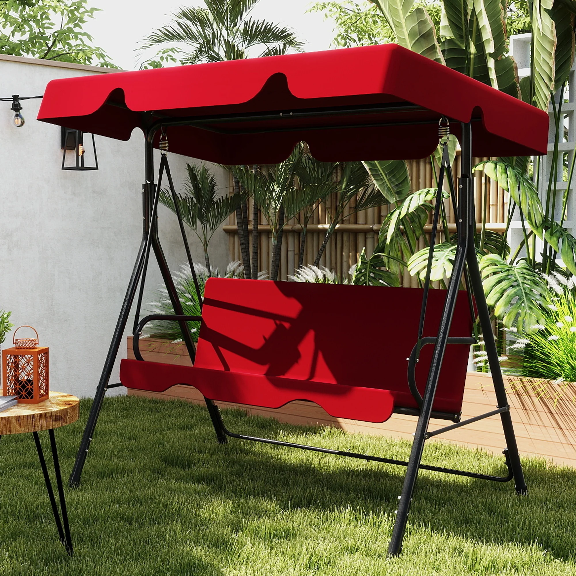 Melocadol 3 Seats Outdoor Porch Swing Glider, Patio Swing Chair with All Weather Covered Canopy and Rust Proof Heavy Duty Stand, for Garden, Lawn, or Backyard, Black