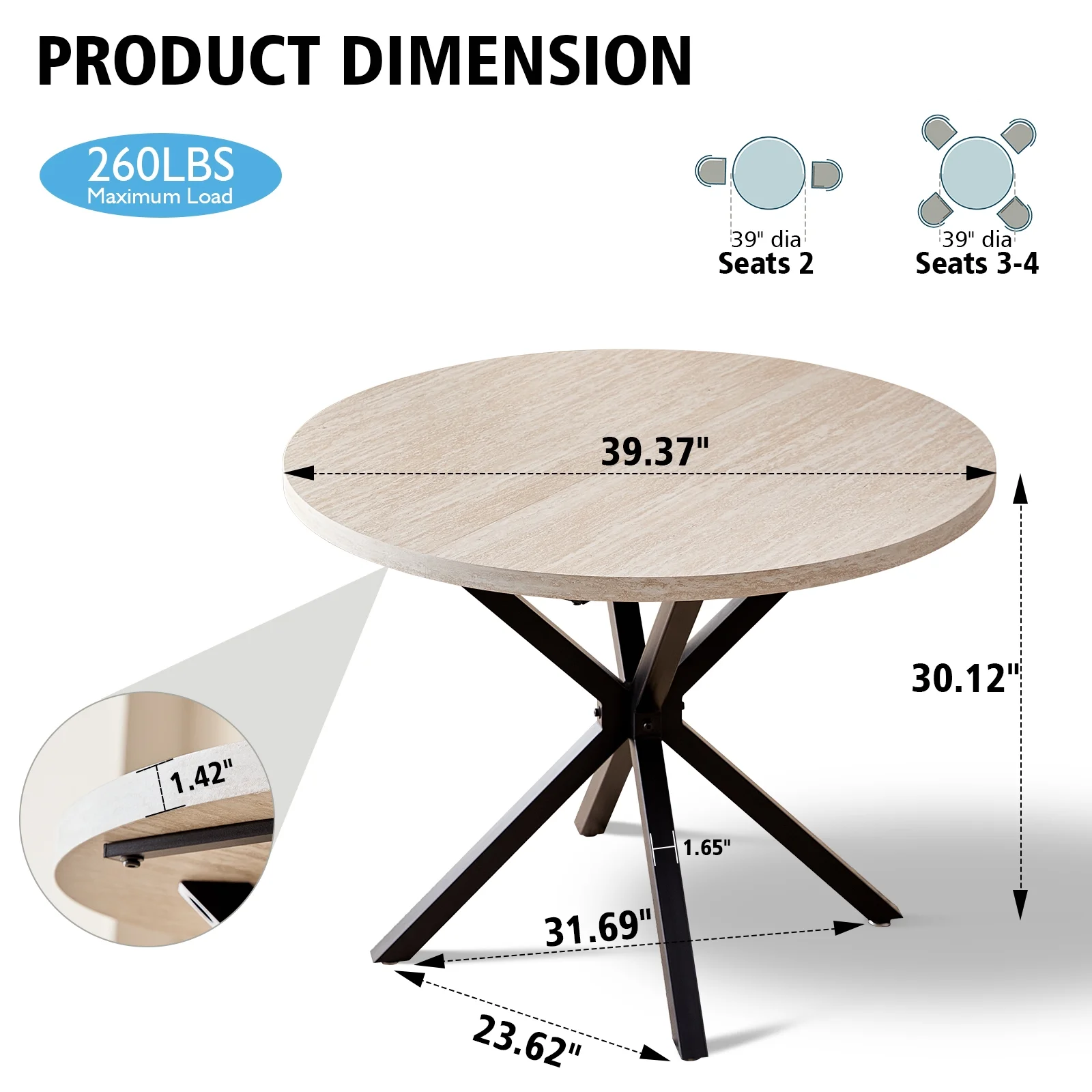 39- Round Dining Table, Modern Small Kitchen Table for 4 with X-Shaped Metal Legs and 1.2" Thickness Tabletop for Kitchen Dining Room, Coffee Table, Oak