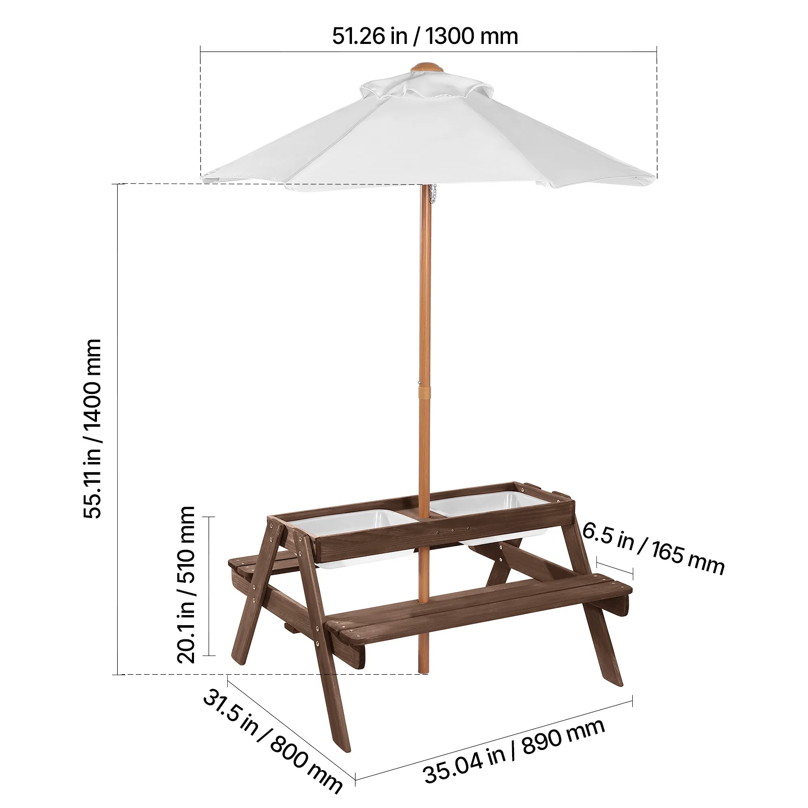 VEVOR Kids Picnic Table with Umbrella, 3-in-1 Sand & Water Table, Outdoor Wooden Table and Bench Set with 2 Trays, 4-People Patio Dining Furniture for Garden, Backyard and Porch (Walnut)
