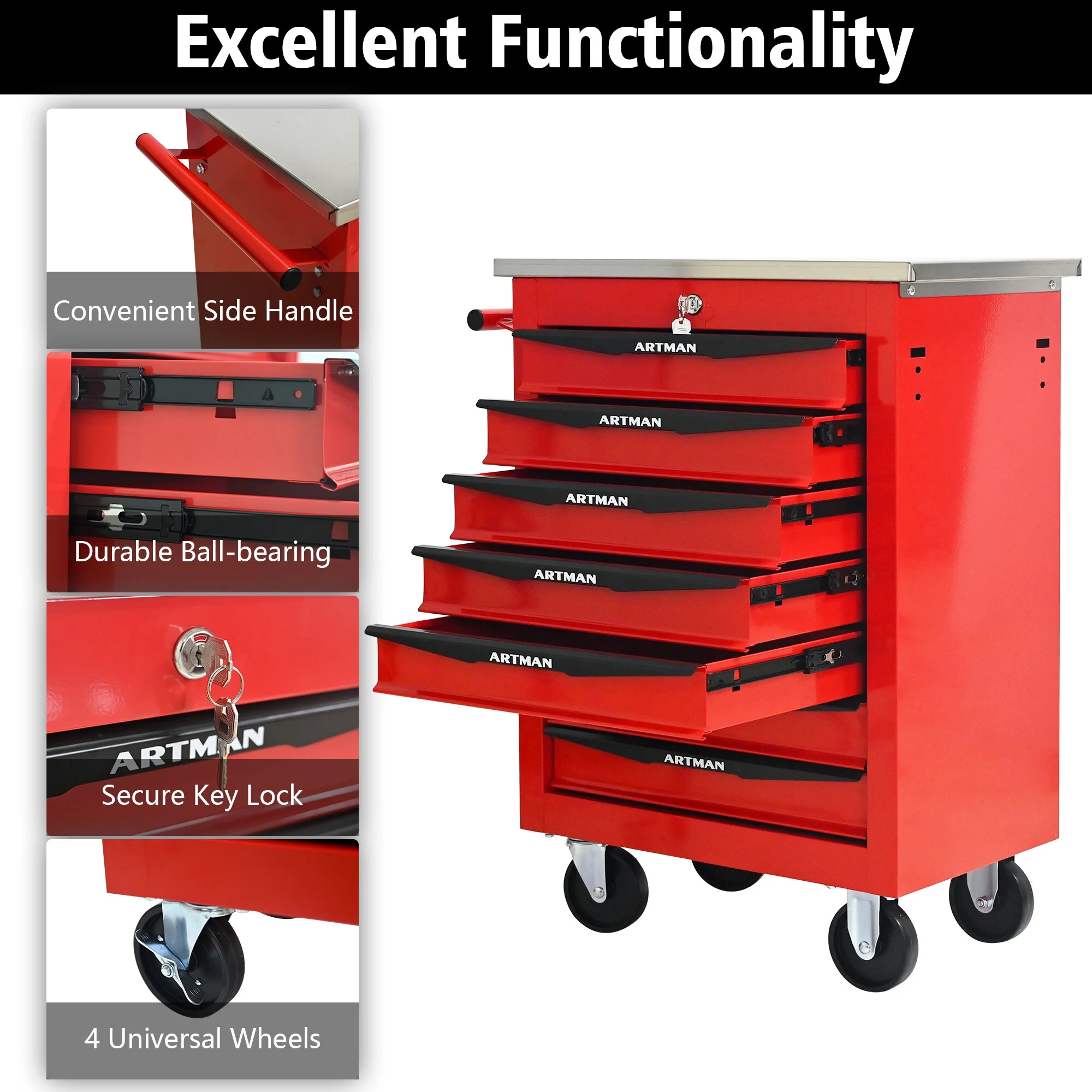 Tool Cabinets 4 Drawers Multifunctional Tool Cart with Wheels,Metal Rolling Tool Cart Storage for Garage Workshop Warehouse Repair Shop--With Stainless Steel Roof- Red&Black,Garage Tool Cabinets