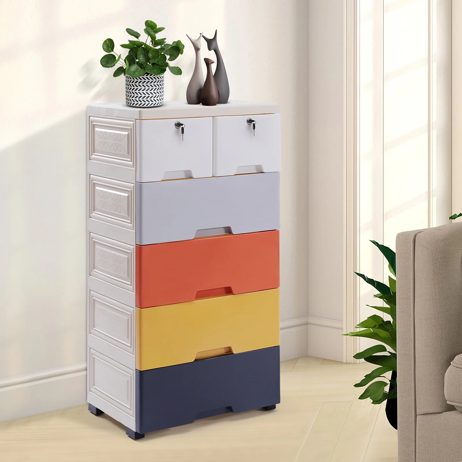 Peakora Multi-color Storage Cabinet with 6 Drawers, Closet Drawers with Two Drawers with Locks, Tall Dresser Organizer for Clothes, Playroom, Bedroom Furniture