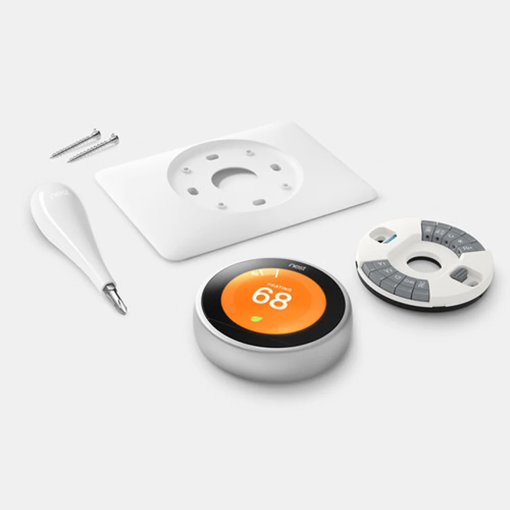 Google Nest Learning Smart Thermostat - 3rd Generation - Stainless Steel T3007ES Bundle with Deco Essentials Wall Mount Plate Cover + Screen Protector Kit for Google Nest Thermostat