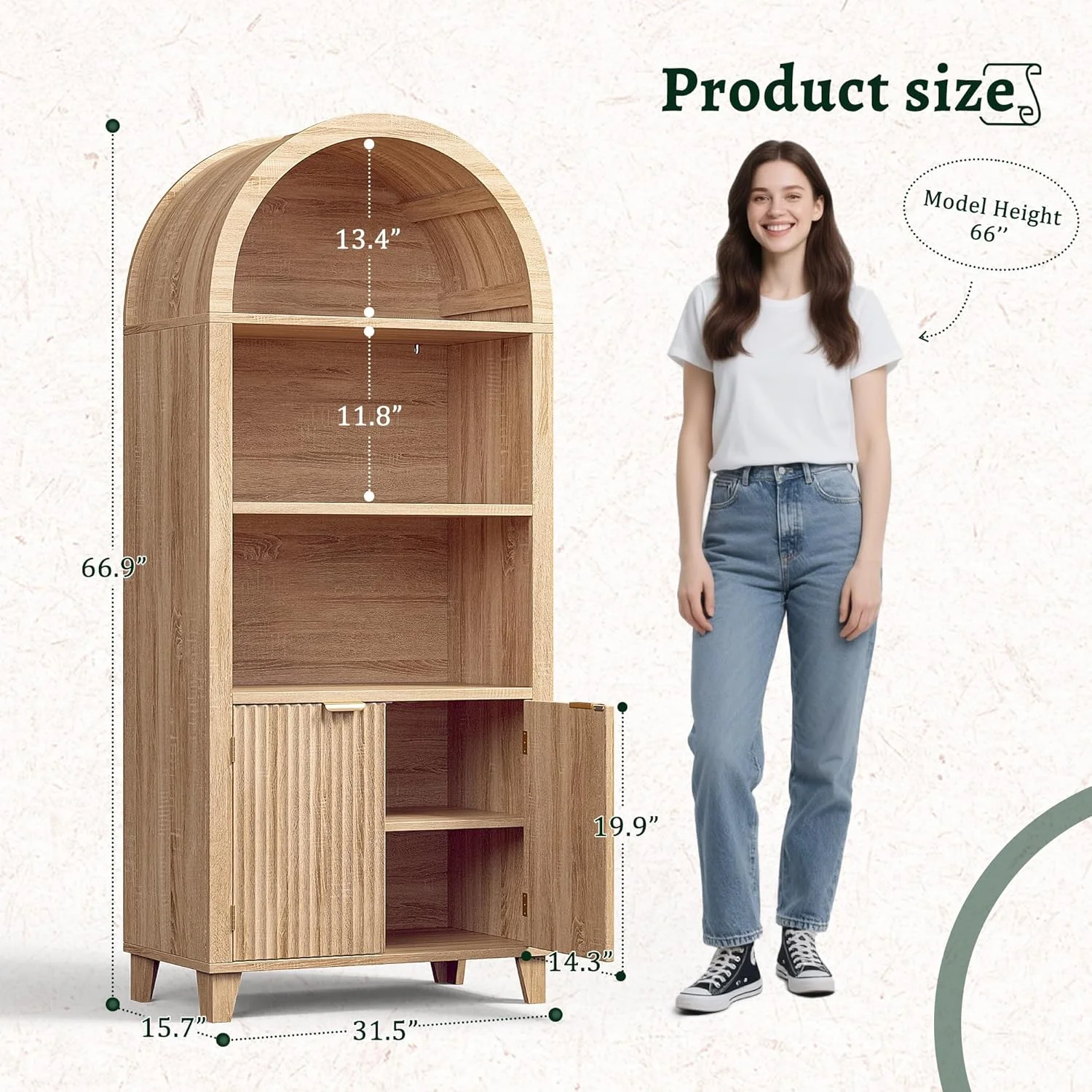 Bookshelf Arched Cabinet,5-Tier Arched Bookcase with Doors and Adjustable Shelves,Wooden Storage Cabinet with Open Display Shelf for Office,Living Room-Light Oak