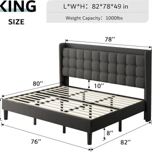 ipormis Full Size Bed Frame with Charging Station-Upholstered Platform Bed Frame with Wingback Storage Headboard, No Box Spring Needed,Light Grey