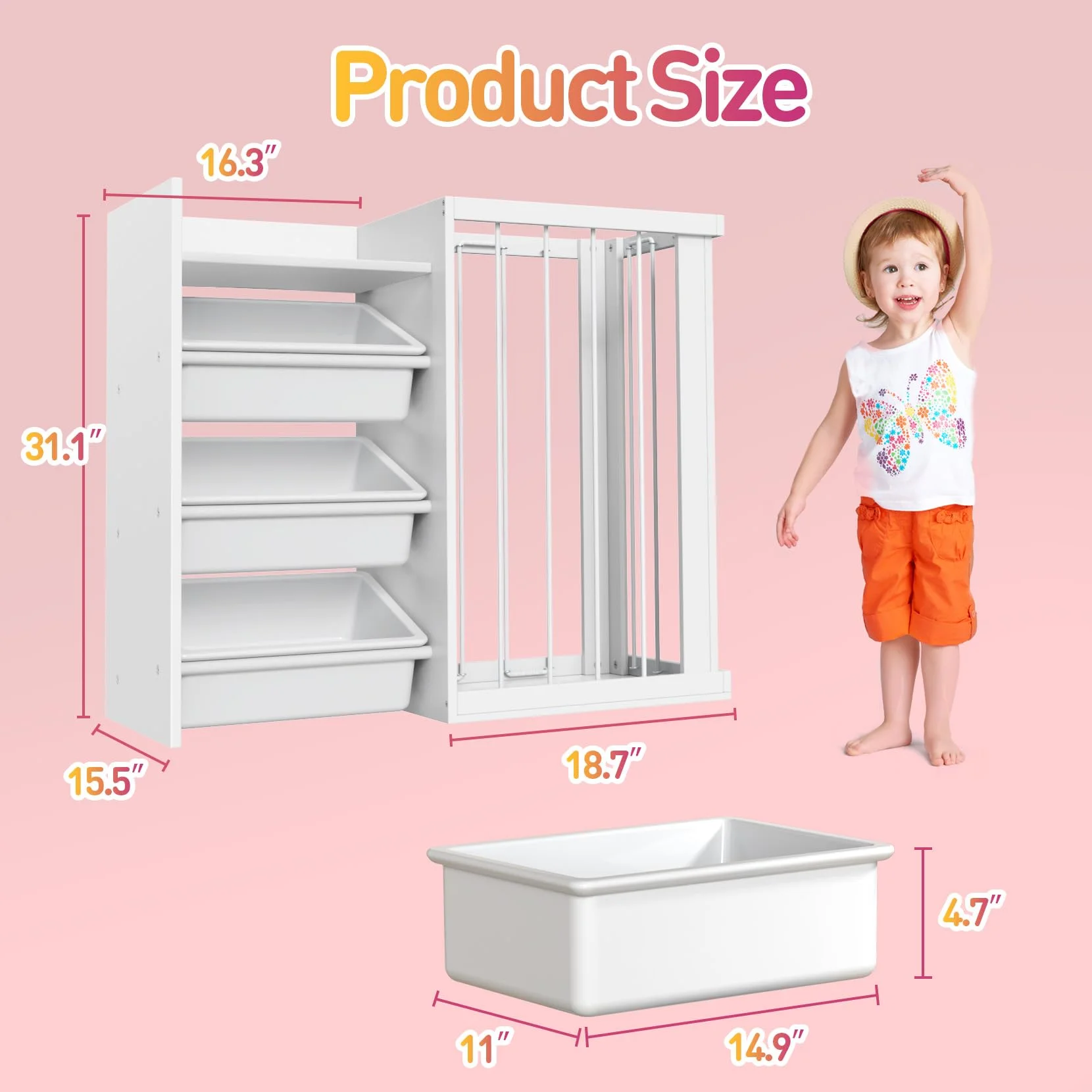 3-in-1 Kids Bookshelf and Stuffed Animal Storage with Corner Protectors , Can Fix it to The Wall, Durable Wood & Metal Storage for Bedroom & Playroom