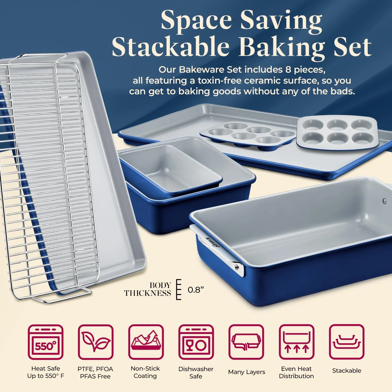 8-Piece Stackable Bakeware Set - Aluminized Steel with Ceramic Non-Stick Coating, Healthy Baking, Ergonomic Handles, Cooling Rack, Non-Toxic, Oven-Safe, Durable Quality