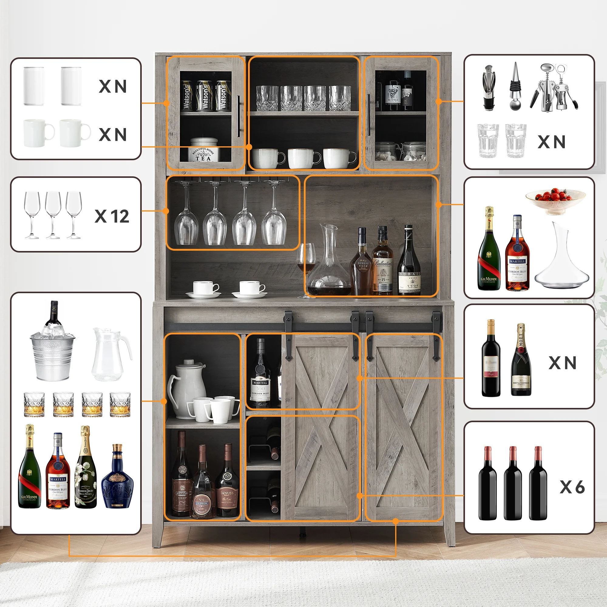 Farmhouse Bar Cabinet with Storage, Kitchen Buffet Cabinet with Sliding Barn Door and 3 Drawers, Coffee Bar with Wine and Glass Rack for Kitchen, Dining Room, White