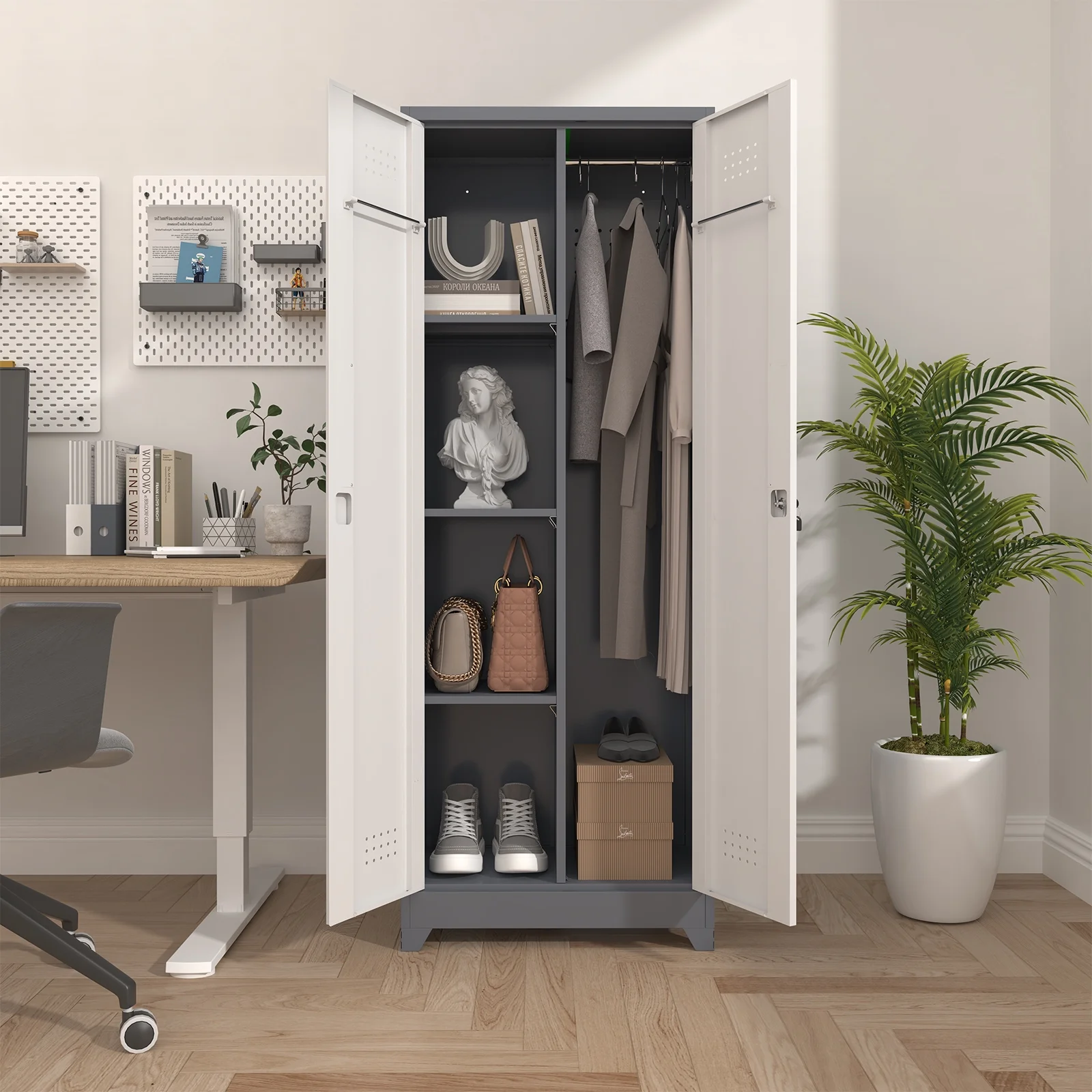 Marcree Broom Closet Storage Cabinet with Lock,65" Tall Garage Storage Cabinet with Hanging Rod,Multifunctional Garage Storage Broom Closet with Doors,Cleaning Tool Cabinet