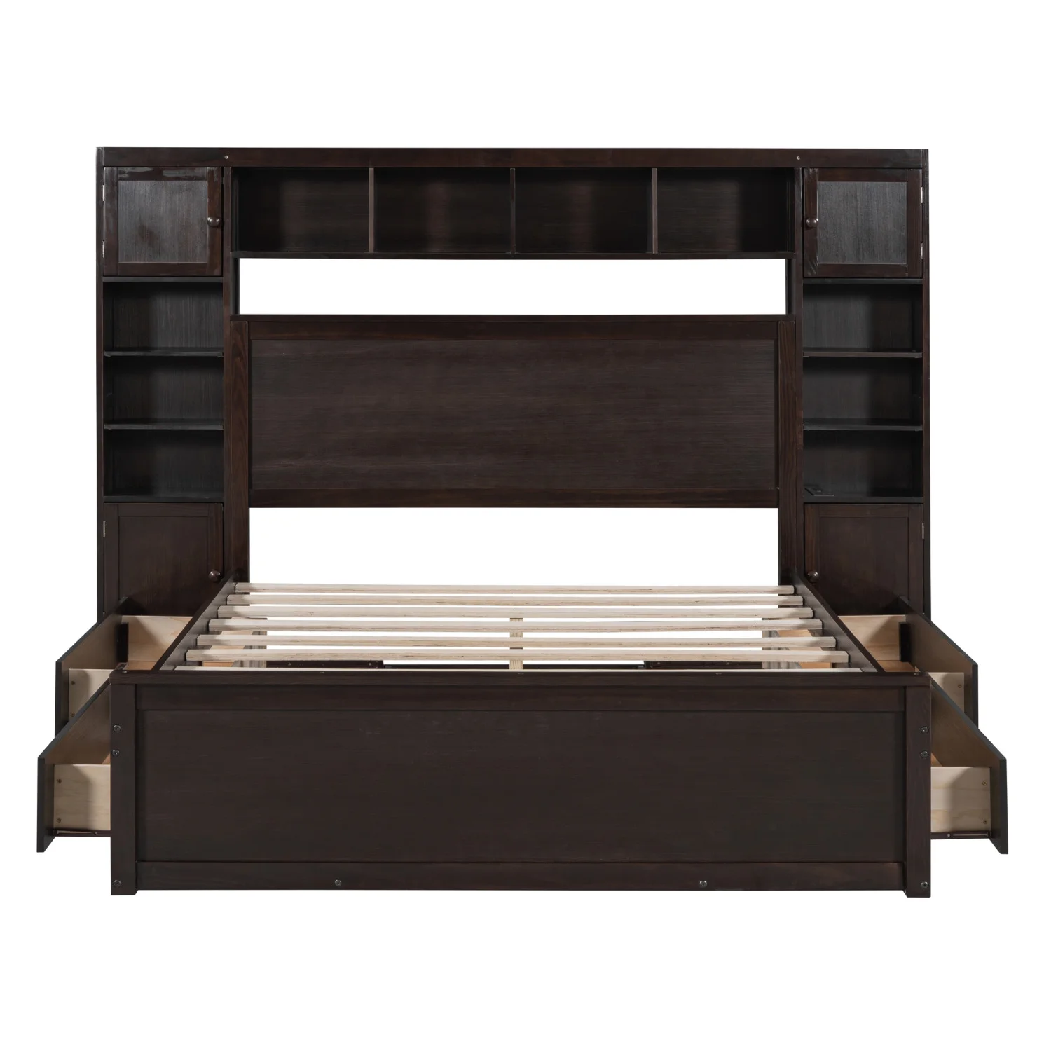 Queen Size Bed Frame with Headboard Storage and Outlet, Modern Solid Wood Storage Bed with 4 Underbed Drawers, Durable and Noiseless,Espresso