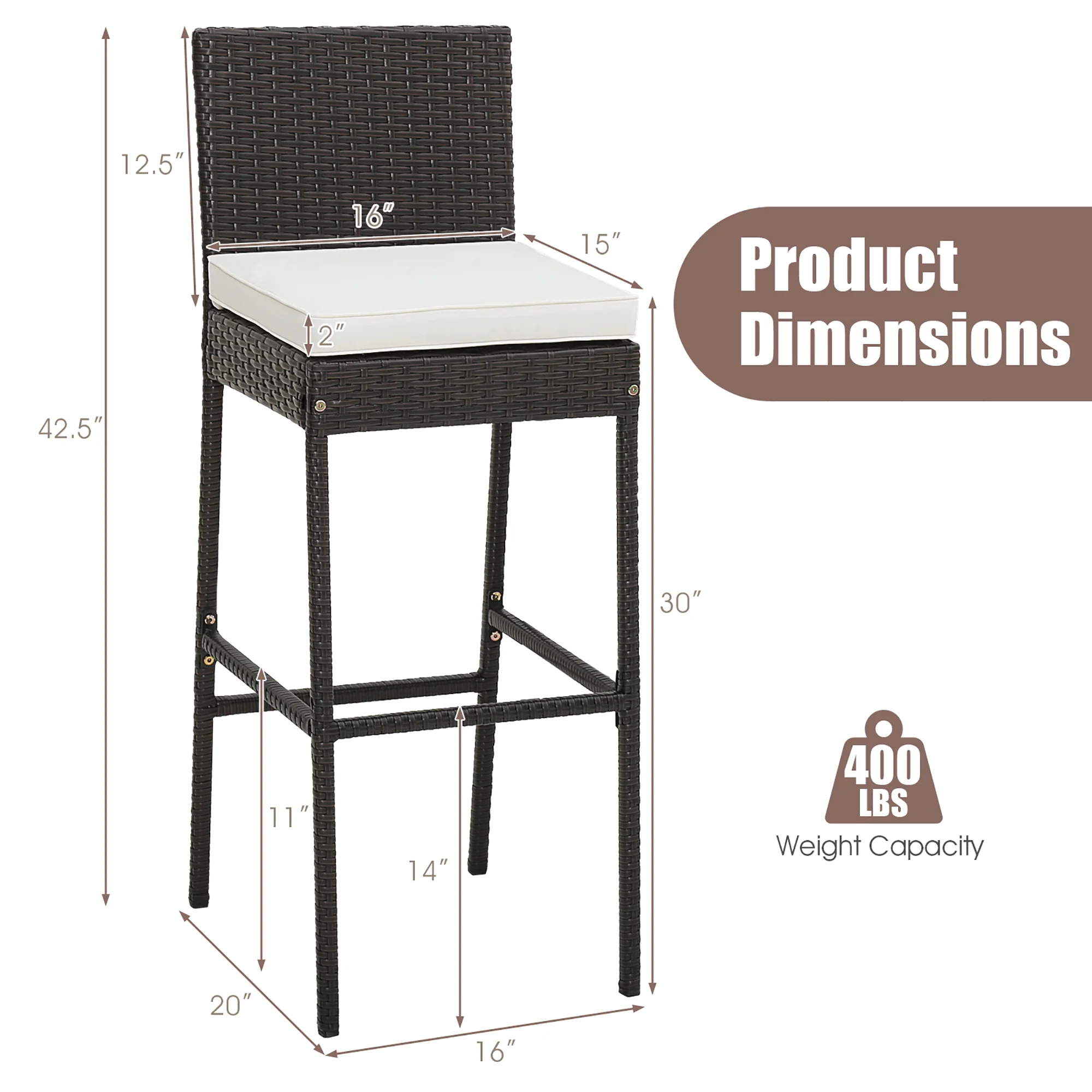 Costway 4 PCS Patio Wicker Barstools Bar Height Chairs with Cushions Backyard Off White