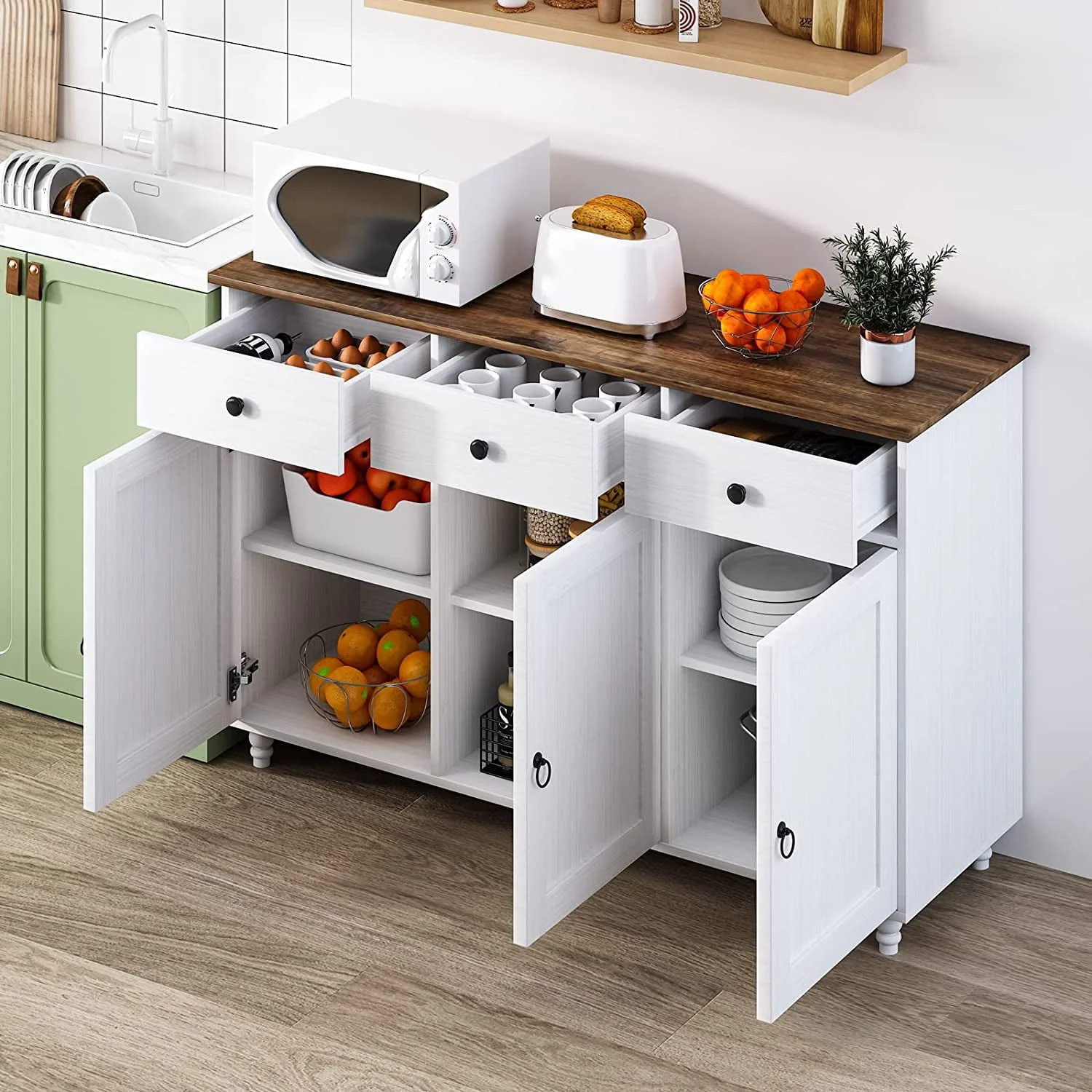 Catrimown Sideboard Buffet Cabinet, Mid-Century Kitchen Storage Cabinet with 3 Drawers & 3 Doors, Coffee Bar Cabinet with 3 Adjustable Shelves, White