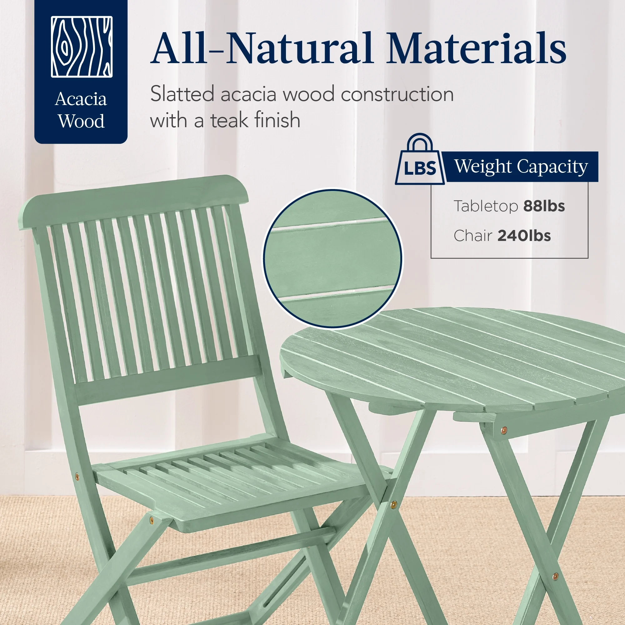 Best Choice Products 3-Piece Acacia Wood Bistro Set, Folding Patio Furniture w/ 2 Chairs, Table - Natural
