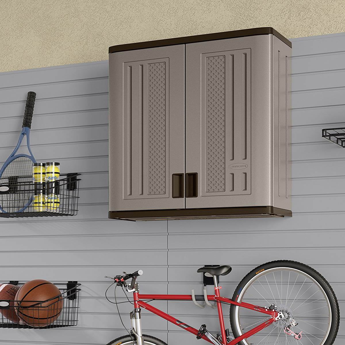 Suncast 30"W x 12"D x 30.25"H Resin Wall Garage Storage Cabinet, Platinum Metallic
