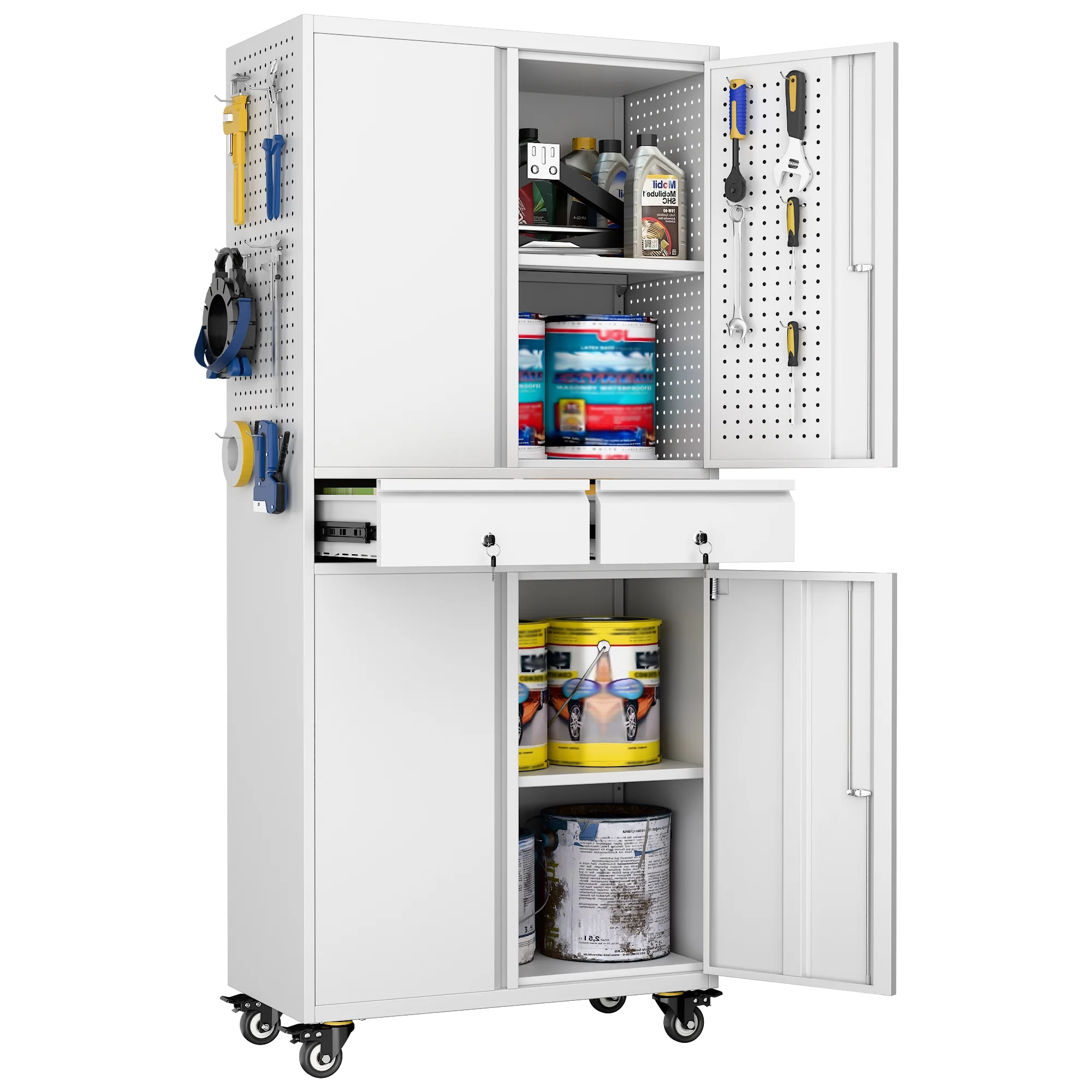 GangMei 71-Inch Metal Lockable Storage Cabinet with Pegboards and 5 adjustable shelves, White, Assembly Required